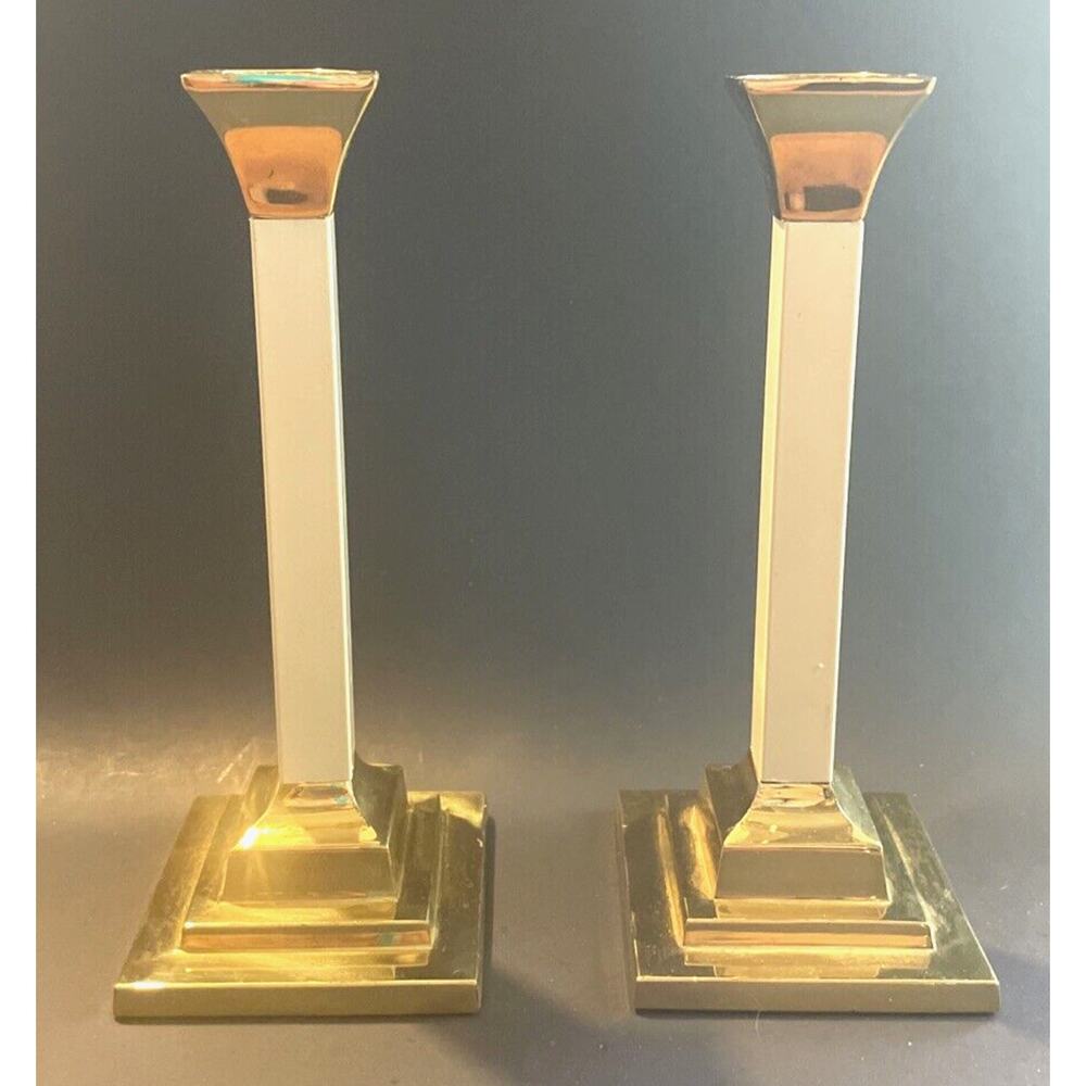Vintage Valsan Brass & White Candlestick Holders Made in Portugal Set of 2